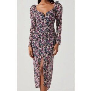 ASTR Jamila Floral Sweetheart Neck Midi Dress Puff Sleeves Ruched Size L 6/8 US